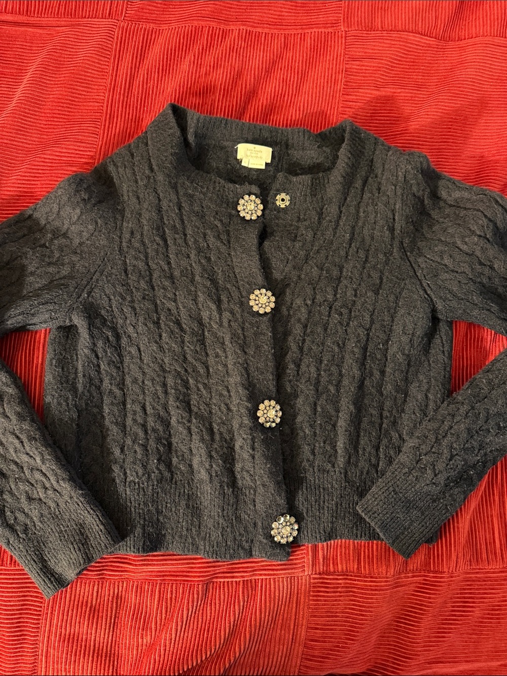 kate spade Charcoal Cable Knit Cardigan with Jeweled Buttons